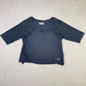 Y2K Hollister Women's Navy Blue Lace 1/2 Sleeve Henley Top Size Small Bella Swan